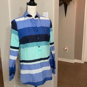 J. Crew navy/turquoise/blue striped long sleeve half button up blouse